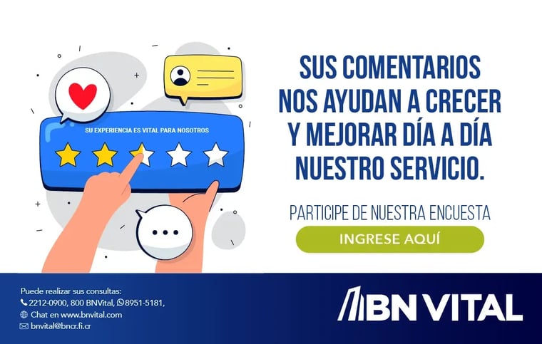 Anuncio de BN Vital invitando a participar en una encuesta para mejorar el servicio, con ilustración de calificación con estrellas Anuncio de BN Vital invitando a participar en una encuesta para mejorar el servicio, con ilustración de calificación con estrellas