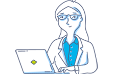 Ilustración de mujer con gafas usando una computadora portátil, representando trabajo profesional o asesoría en línea.