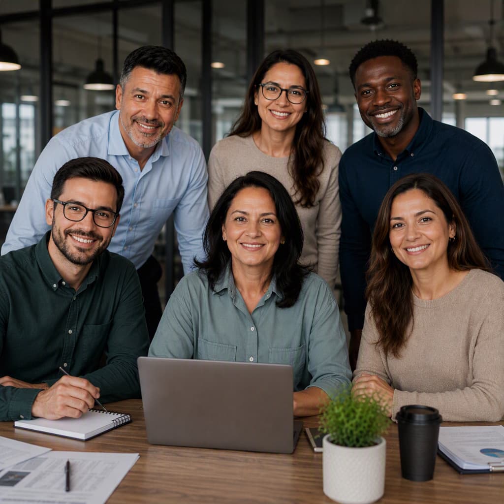 Equipo de profesionales sonriendo a la cámara en una oficina moderna, reunidos alrededor de una mesa de trabajo con una computadora portátil, libretas y café.