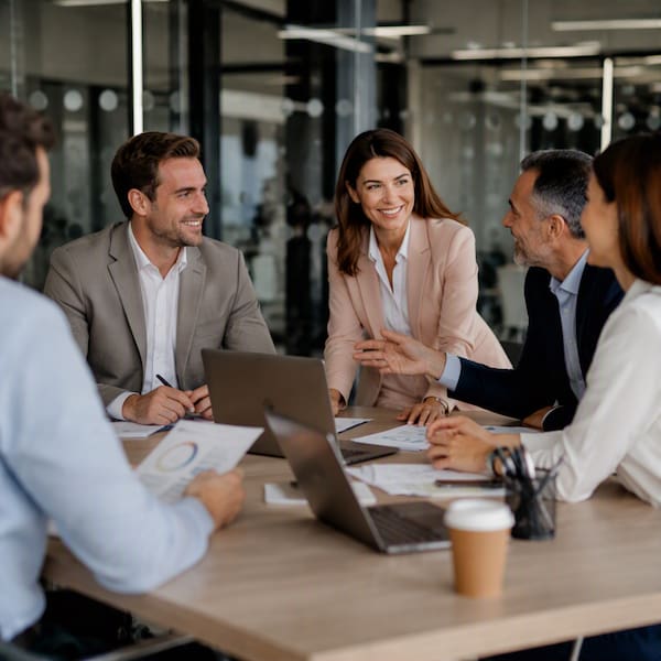 Grupo de profesionales de negocios en una reunión de trabajo alrededor de una mesa con computadoras portátiles y documentos en una oficina moderna.