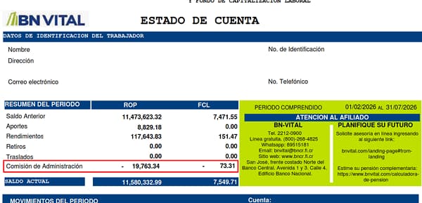 Ejemplo de estado de cuenta de BN Vital para ROP y FCL, con la fila de comisión de administración resaltada en rojo.