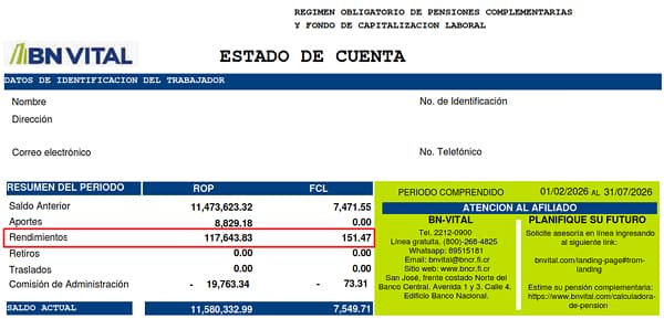 Ejemplo de estado de cuenta de BN Vital para ROP y FCL, con la fila de rendimientos resaltada en rojo.