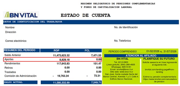 Ejemplo de estado de cuenta de BN Vital para ROP y FCL, con la fila de aportes resaltada en rojo.