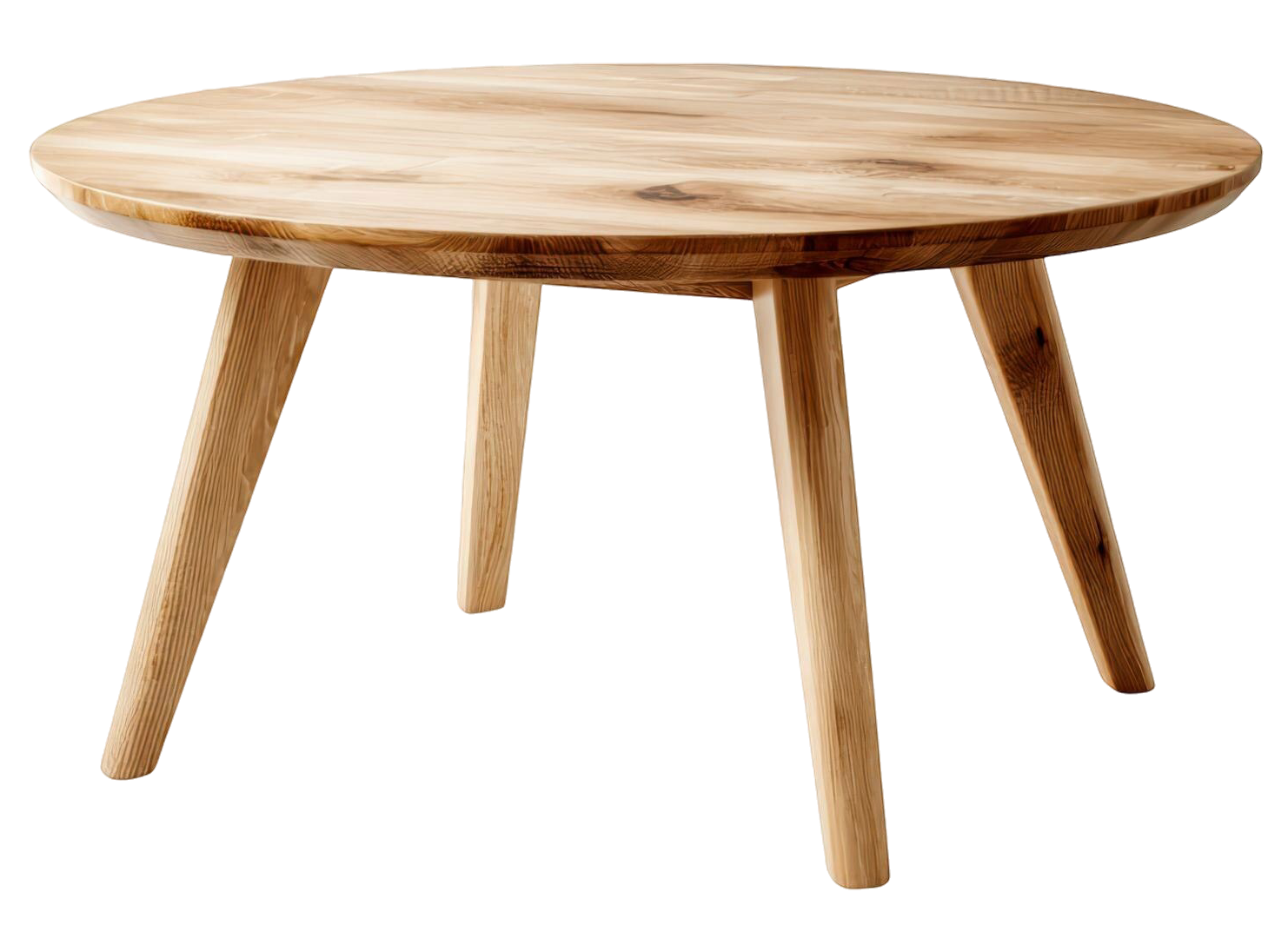 Mesa de centro redonda fabricada en madera clara con cuatro patas inclinadas, sobre fondo negro liso.